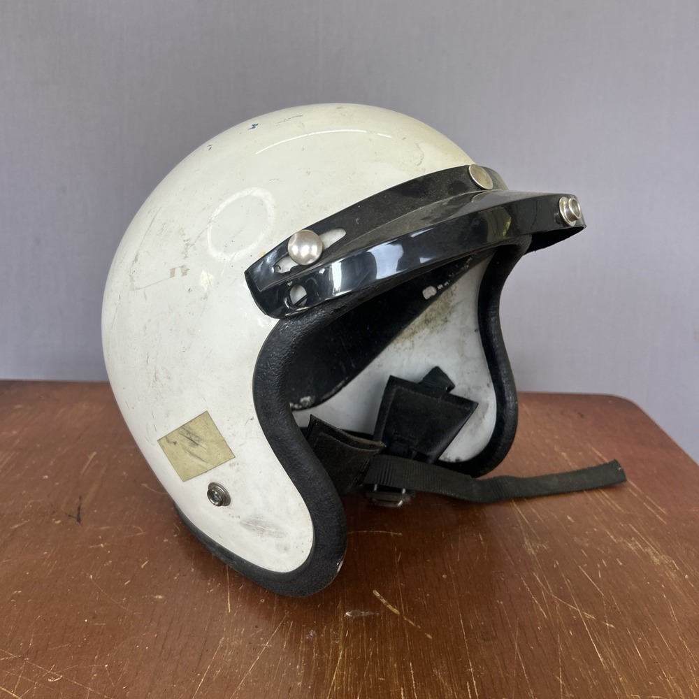 Vintage Buco Enduro Motorcycle Helmet Ivory White Open Face Visor 60s 70s